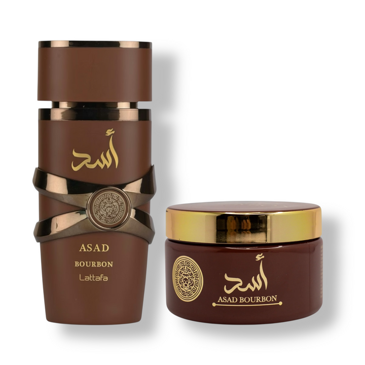 🖤 KIT MASCULINO – LATTAFA ASAD BOURBON 100ML + ISABELLE LÁ BELLE PASTA CORPORAL 200ML