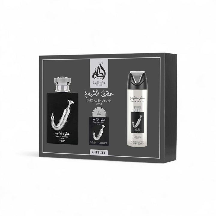 ⚪ Perfume Masculino – Lattafa Ishq Al Shuyukh Silver Gift Set